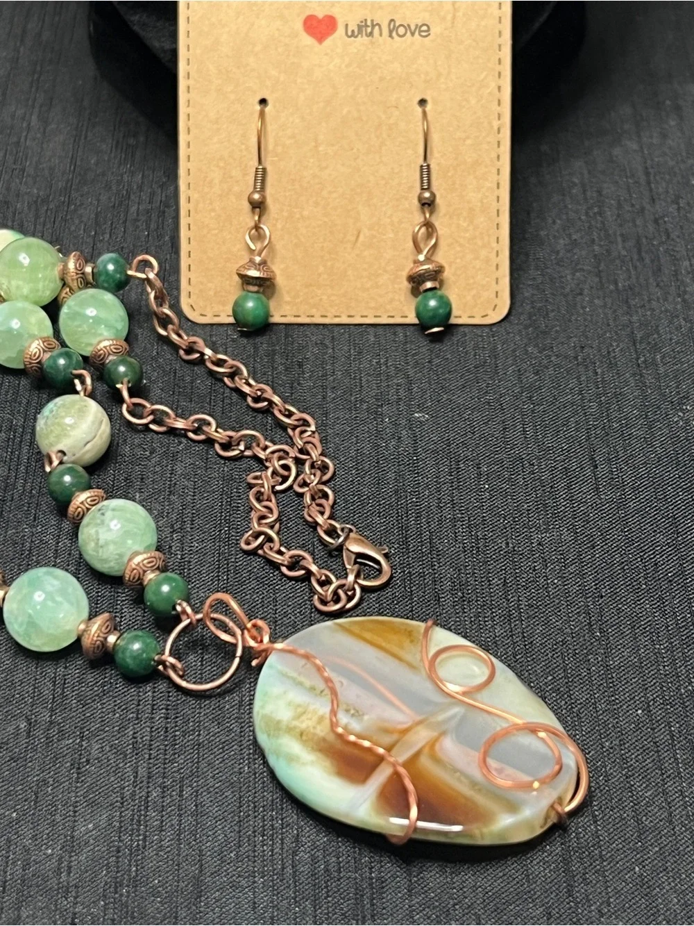 Copper Wire Wrapped Agate Cabochon Bead Pendant Necklace Matching Earrings